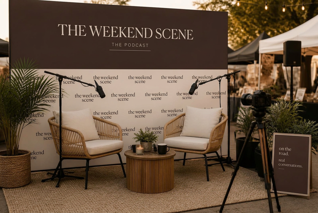 The Weekend Scene branded media wall with armchairs and microphones set up at a market